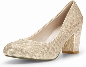 IDIFU Women's Sherry Dress Low Block Chunky Heels Pumps Closed Round Toe Shoes for Wedding Office Evening