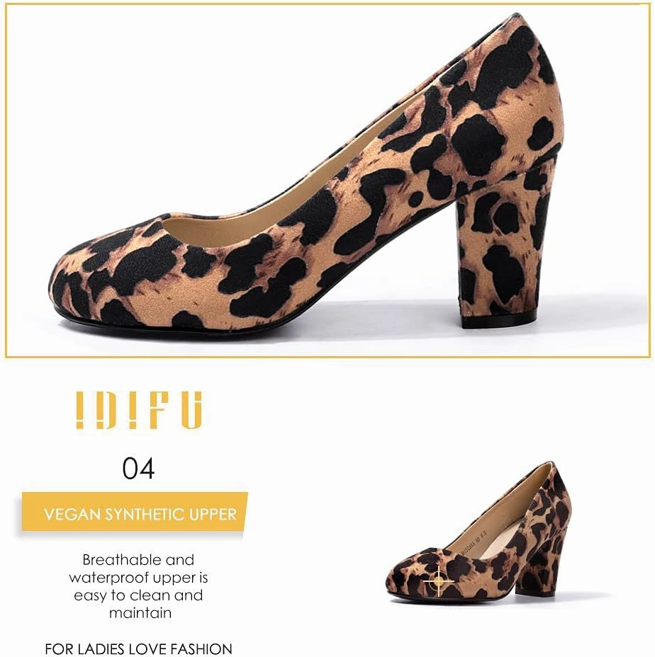 IDIFU Women's Sherry Dress Low Block Chunky Heels Pumps Closed Round Toe Shoes for Wedding Office Evening