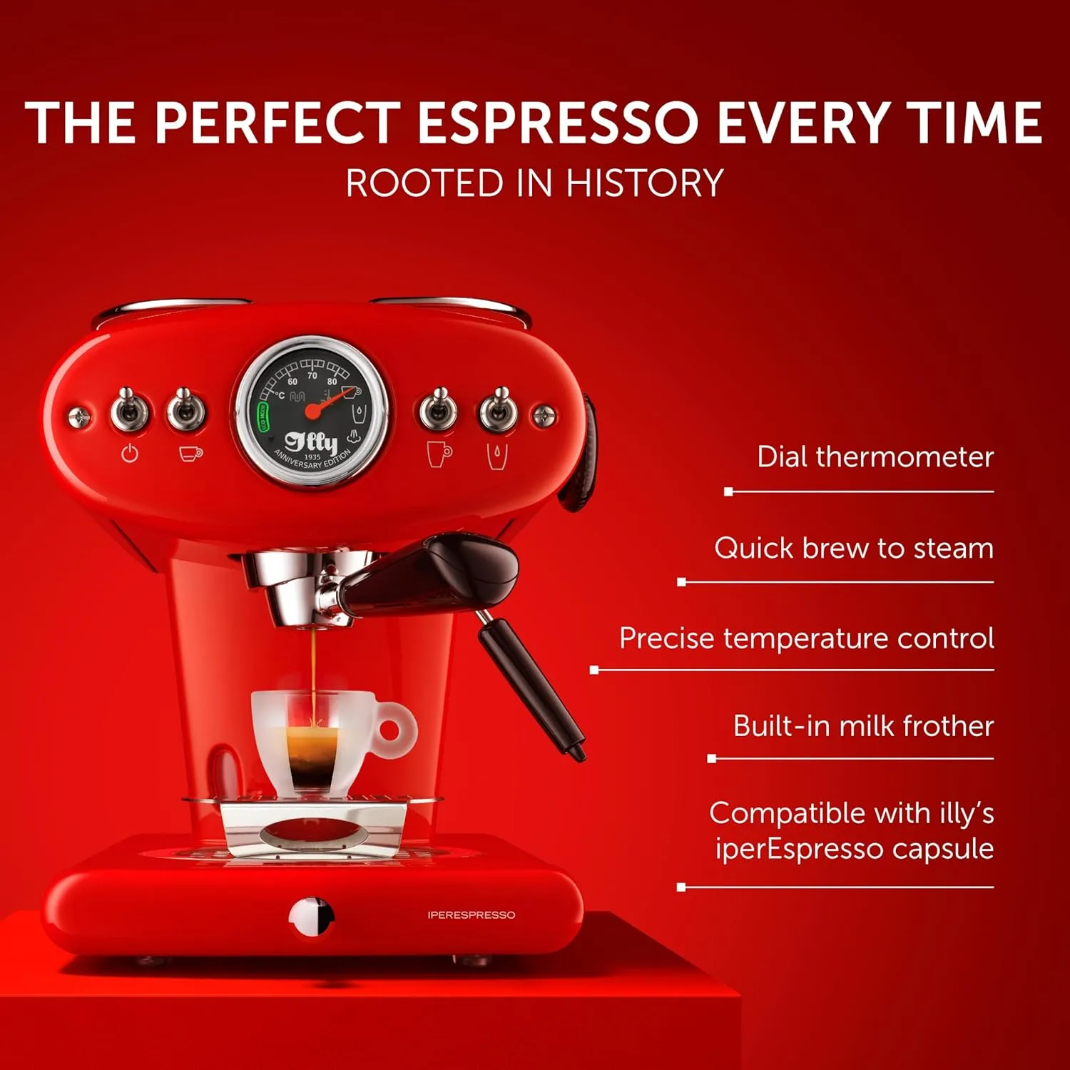 Illy X1 Anniversary 1935 Espresso Single-Serve Machine for iperEspresso capsules with Milk Frother Steam Wand (Red)