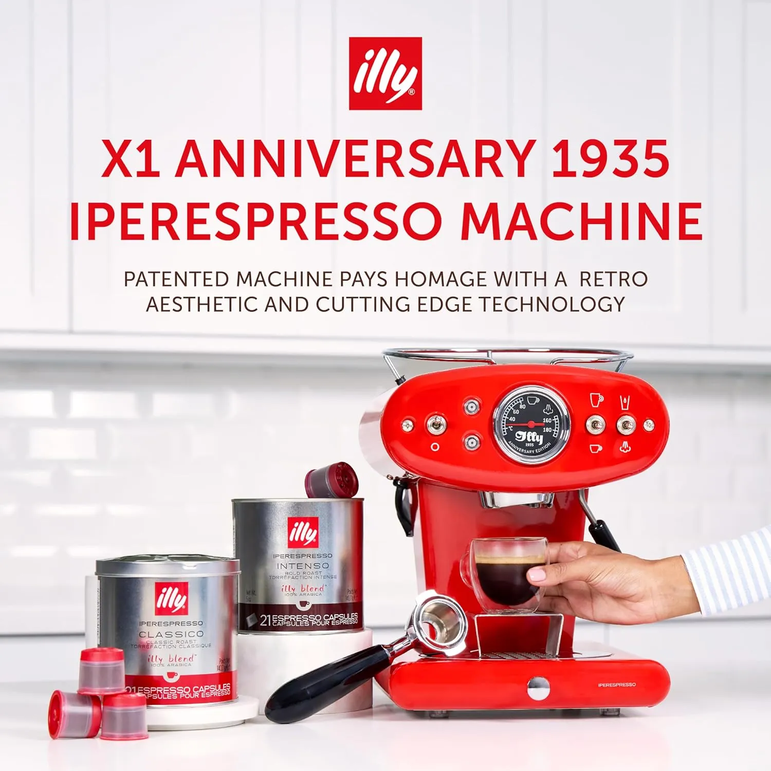 Illy X1 Anniversary 1935 Espresso Single-Serve Machine for iperEspresso capsules with Milk Frother Steam Wand (Red)