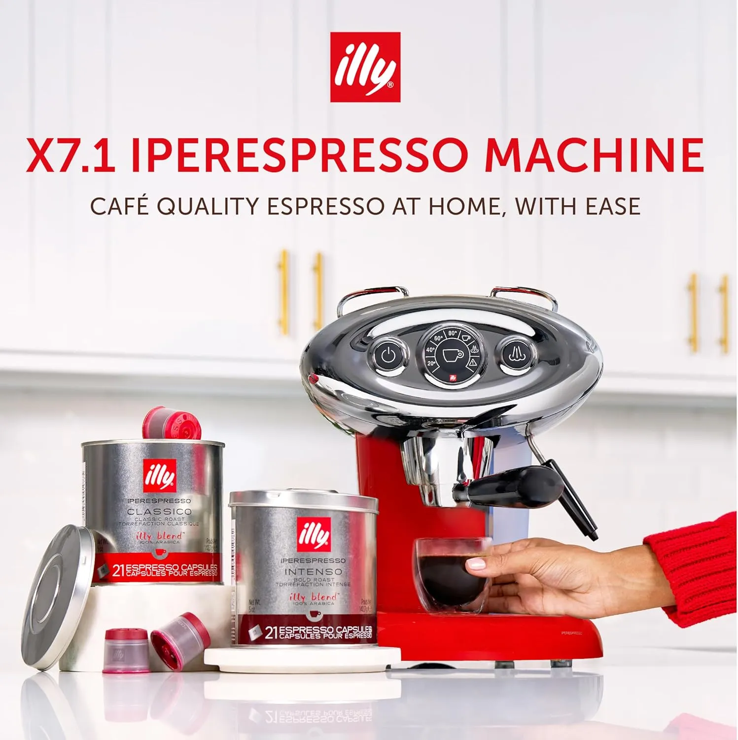 Illy X7.1 Espresso Single-Serve Machine, Barista Quality Espresso Machine for iperEspresso capsules with Milk Frother Steam Wand (Red)