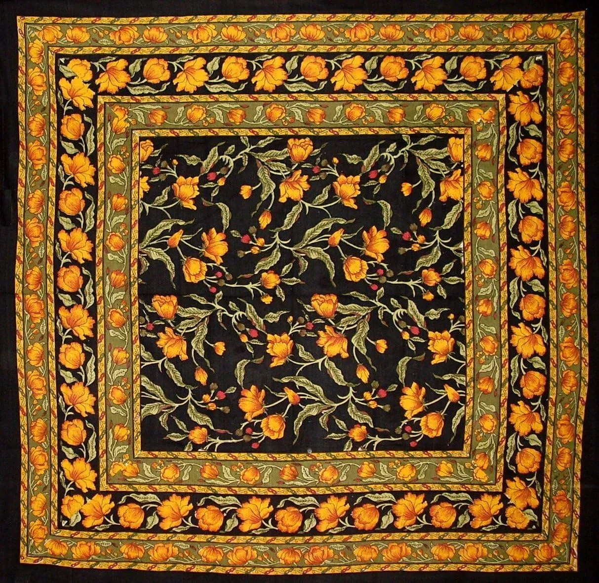 India Arts French Floral Square Cotton Tablecloth 60" x 60" Amber on Black