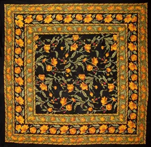 India Arts French Floral Square Cotton Tablecloth 60" x 60" Amber on Black