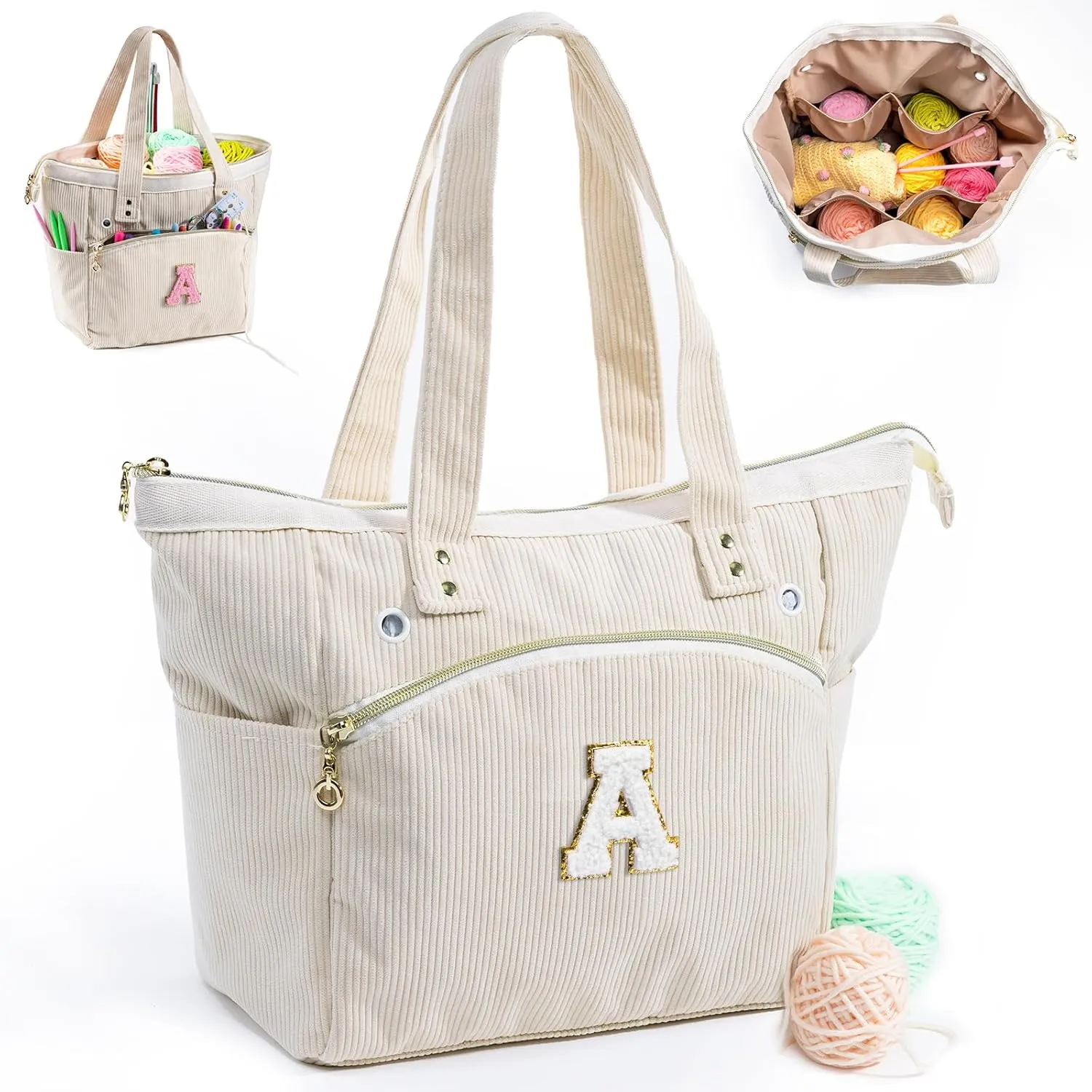 Initial Personalized Crochet Bag Tote - Corduroy Yarn Bag Storage - Yarn Holder for Crocheting - Crochet Organizer for Crochet Hooks, Crochet Accessories,Project Bag Knitting Bag Crochet Lover Gift