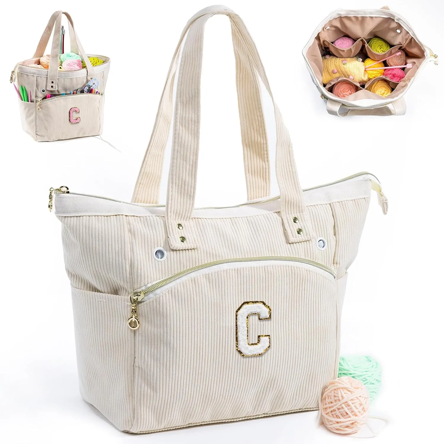 Initial Personalized Crochet Bag Tote - Corduroy Yarn Storage - Yarn Holder & Organizer for Crochet Hooks, Accessories & Projects