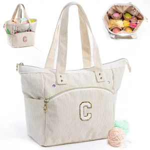 Initial Personalized Crochet Bag Tote - Corduroy Yarn Storage - Yarn Holder & Organizer for Crochet Hooks, Accessories & Projects