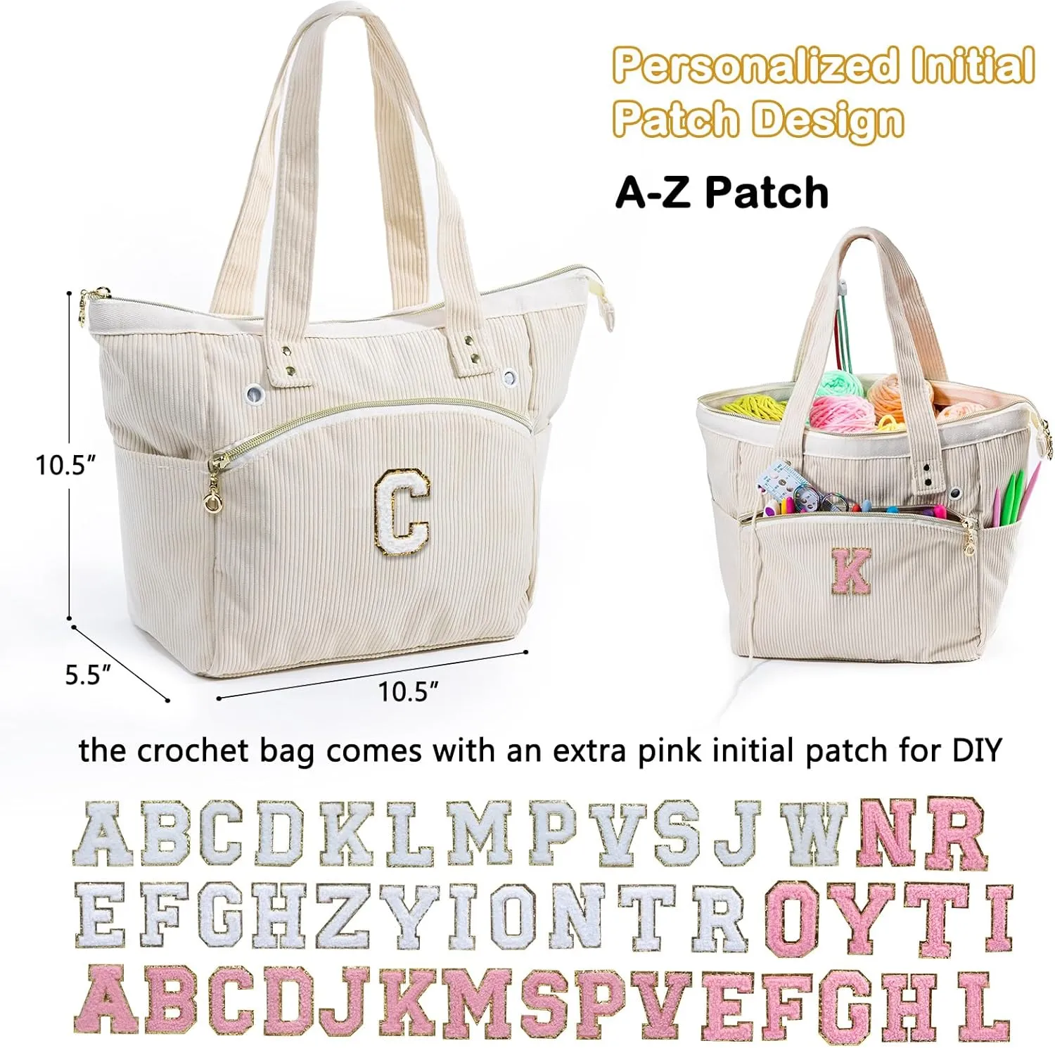 Initial Personalized Crochet Bag Tote - Corduroy Yarn Storage - Yarn Holder & Organizer for Crochet Hooks, Accessories & Projects