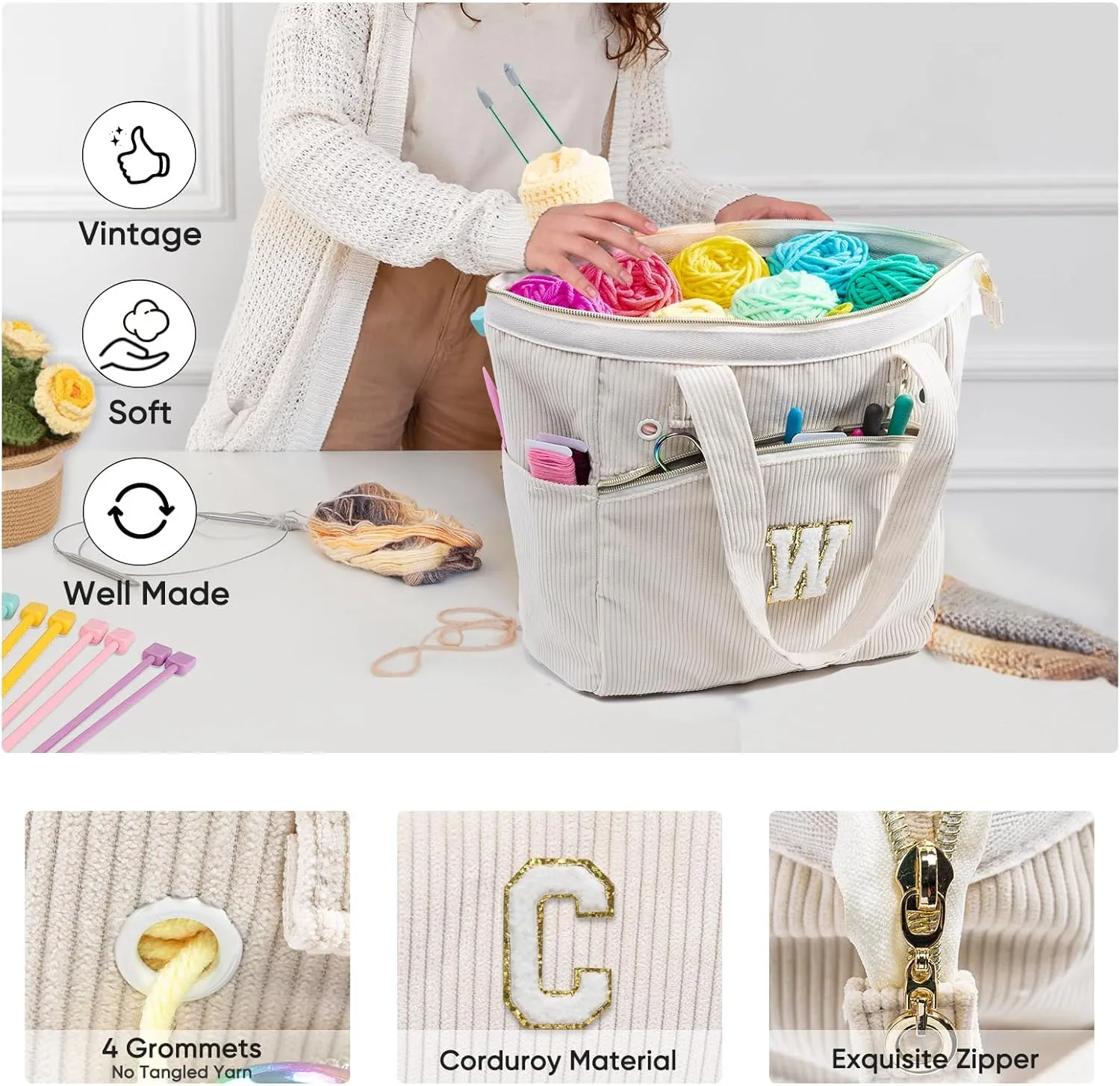 Initial Personalized Crochet Bag Tote - Corduroy Yarn Storage - Yarn Holder & Organizer for Crochet Hooks, Accessories & Projects