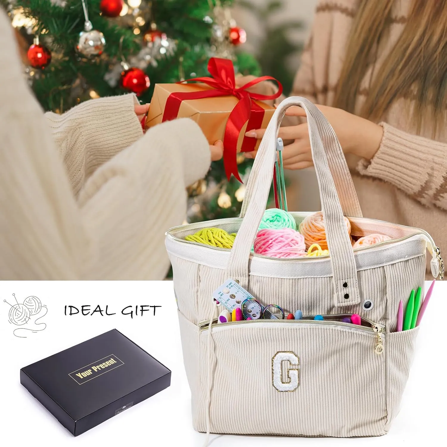 Initial Personalized Crochet Bag Tote - Corduroy Yarn Storage - Yarn Holder & Organizer for Crochet Hooks, Accessories & Projects