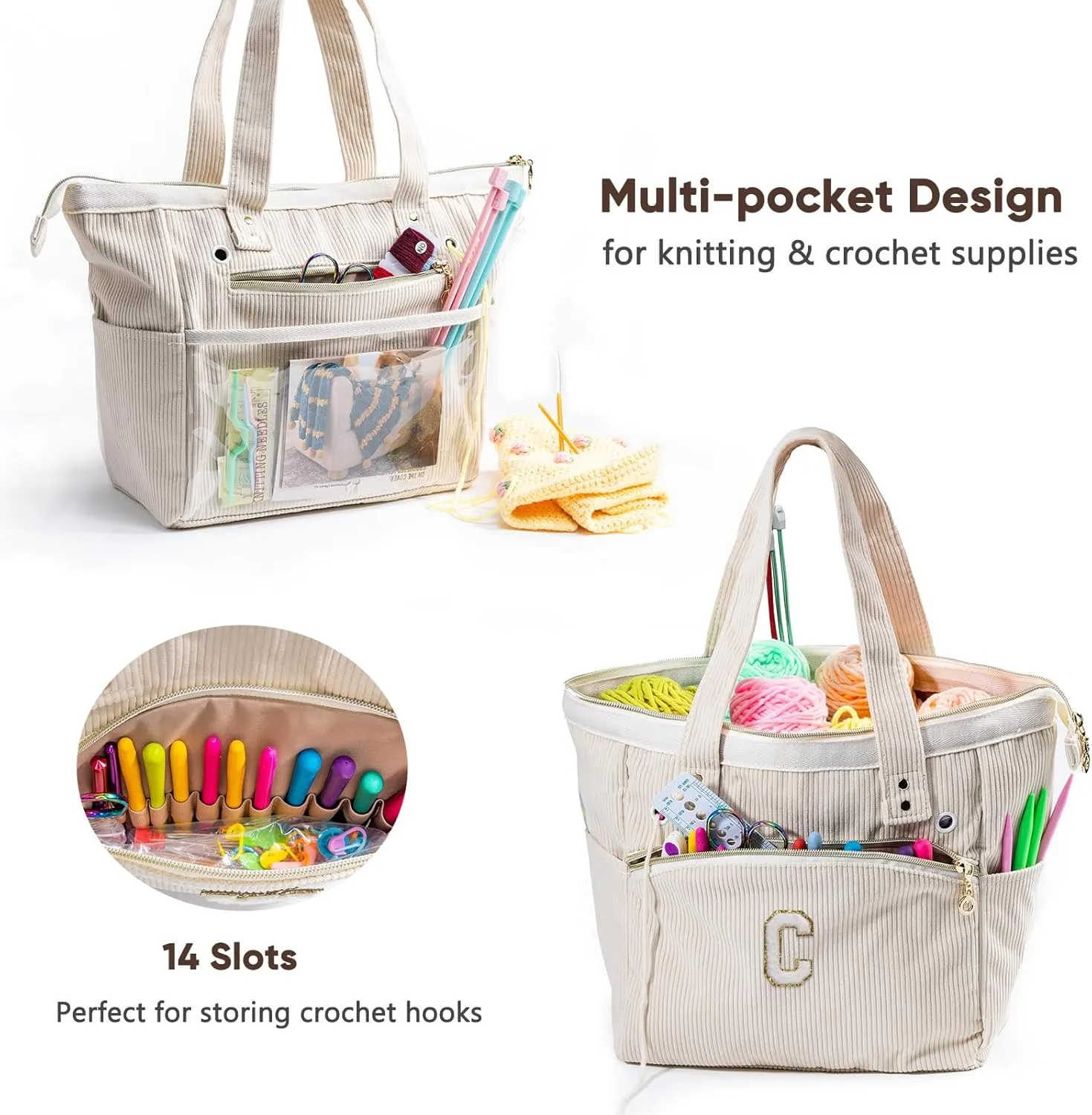 Initial Personalized Crochet Bag Tote - Corduroy Yarn Storage - Yarn Holder & Organizer for Crochet Hooks, Accessories & Projects
