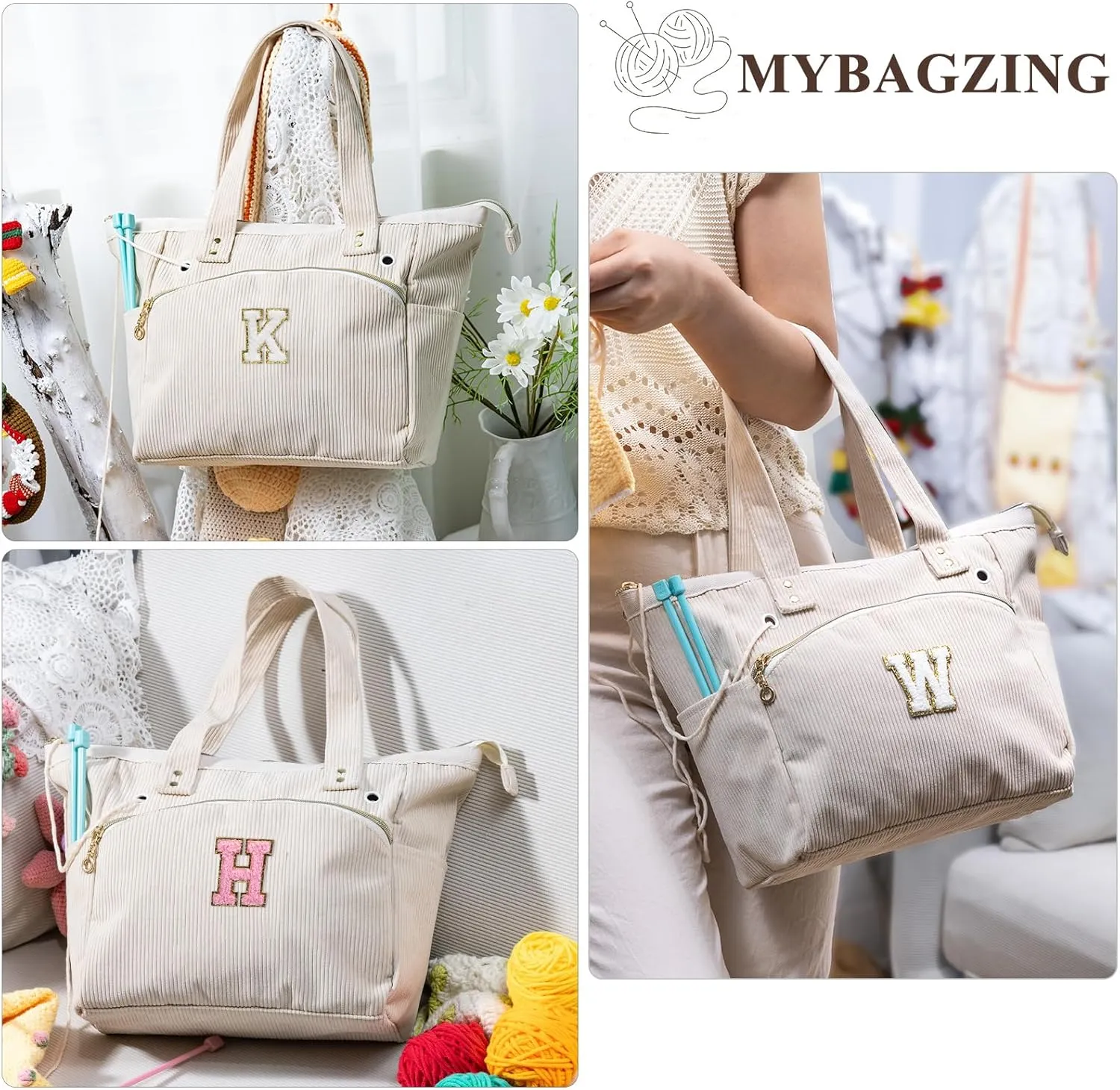 Initial Personalized Crochet Bag Tote - Corduroy Yarn Storage - Yarn Holder & Organizer for Crochet Hooks, Accessories & Projects