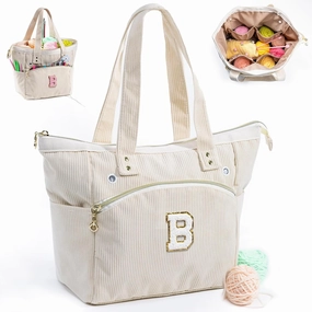 Initial Personalized Crochet Tote - Corduroy Yarn Storage Holder - Organizer for Hooks, Accessories - Project Knitting Bag - Crochet Lover Gift