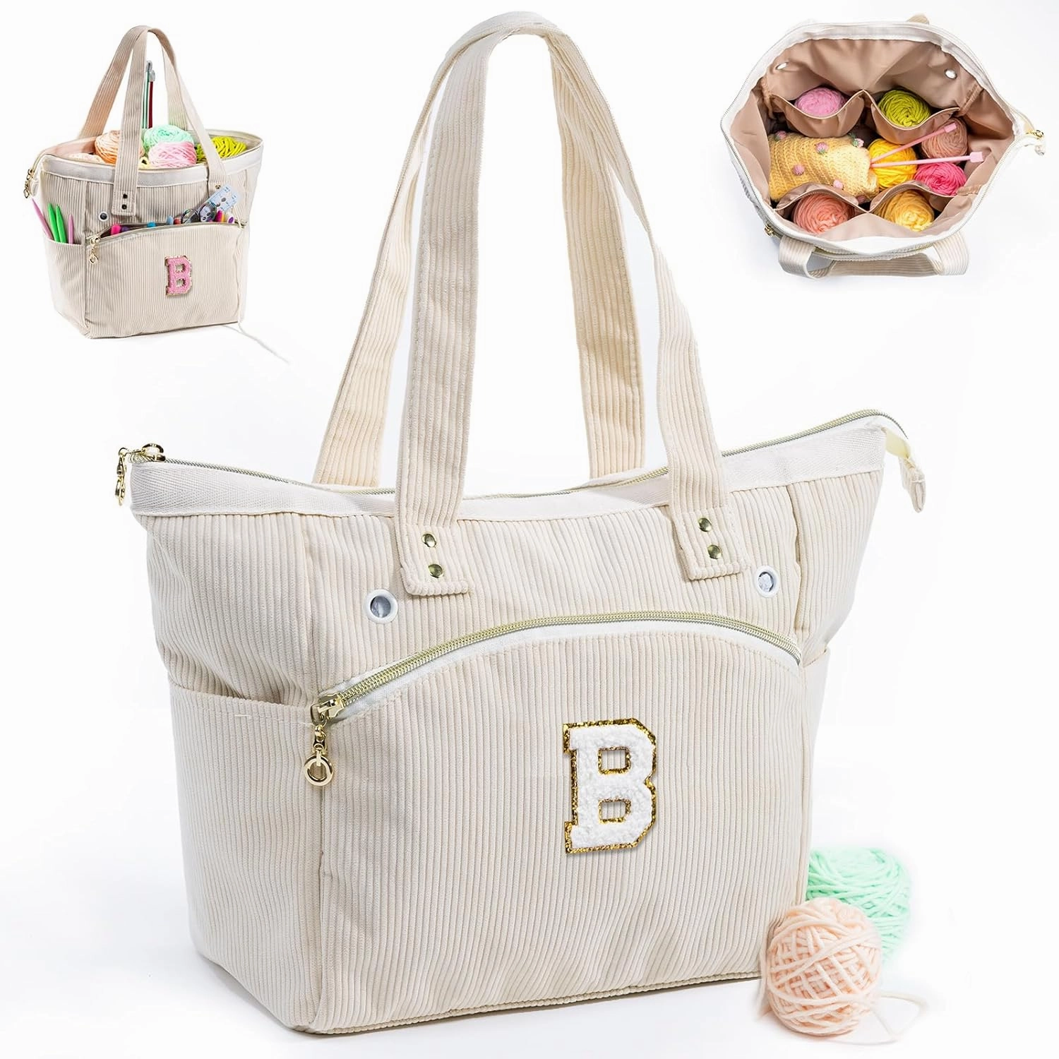 Initial Personalized Crochet Tote - Corduroy Yarn Storage Holder - Organizer for Hooks, Accessories - Project Knitting Bag - Crochet Lover Gift