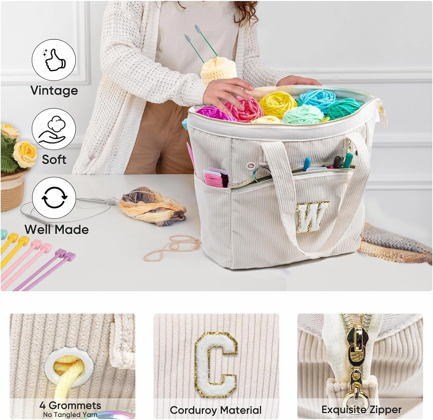 Initial Personalized Crochet Tote - Corduroy Yarn Storage Holder - Organizer for Hooks, Accessories - Project Knitting Bag - Crochet Lover Gift