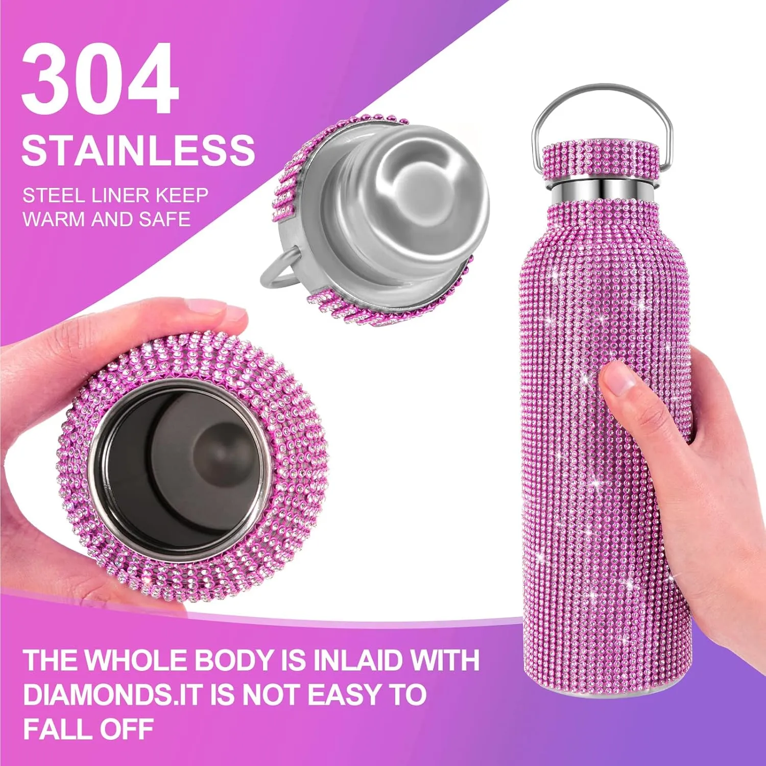 INSTOME Bling Water Bottle Rhinestone,Diamond Water Bottle with Chain,Rhinestone Water Bottles with Lid for Women,Bling Tumblers with 2 Style lids (pink, 17oz)