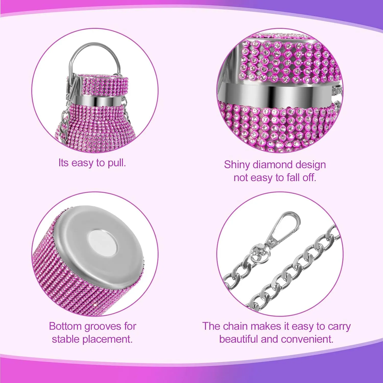 INSTOME Bling Water Bottle Rhinestone,Diamond Water Bottle with Chain,Rhinestone Water Bottles with Lid for Women,Bling Tumblers with 2 Style lids (pink, 17oz)