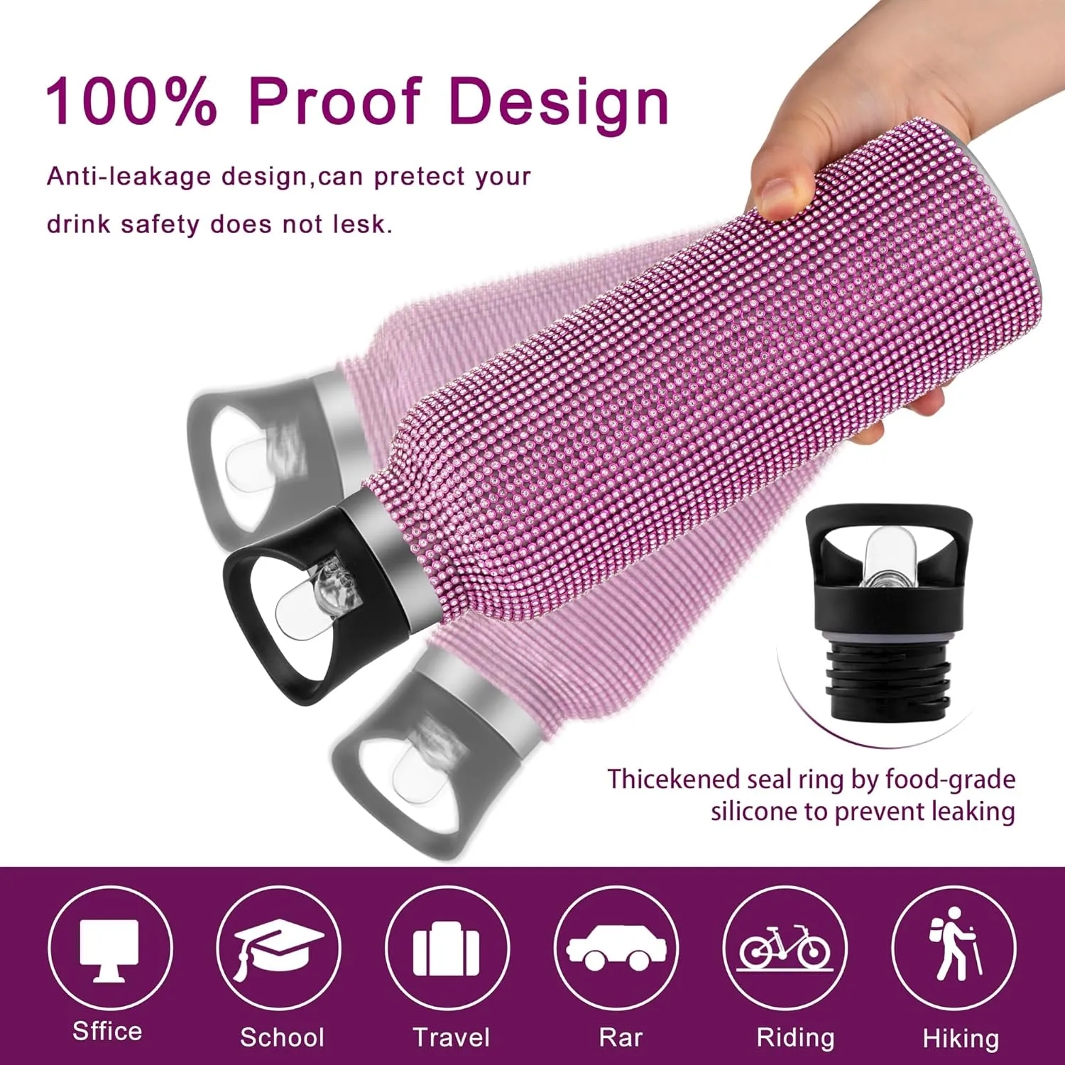 INSTOME Bling Water Bottle Rhinestone,Diamond Water Bottle with Chain,Rhinestone Water Bottles with Lid for Women,Bling Tumblers with 2 Style lids (pink, 17oz)