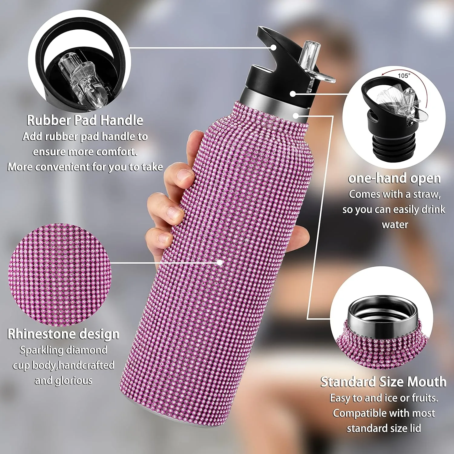 INSTOME Bling Water Bottle Rhinestone,Diamond Water Bottle with Chain,Rhinestone Water Bottles with Lid for Women,Bling Tumblers with 2 Style lids (pink, 17oz)
