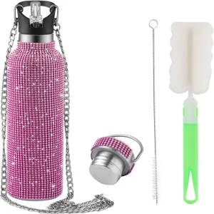 INSTOME Bling Water Bottle Rhinestone,Diamond Water Bottle with Chain,Rhinestone Water Bottles with Lid for Women,Bling Tumblers with 2 Style lids (pink, 17oz)