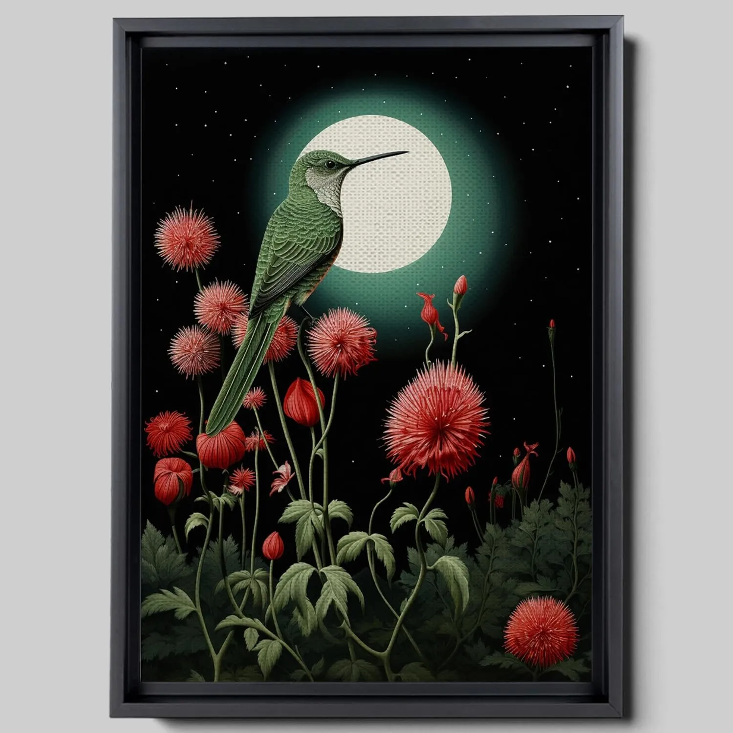 Intricate Pen Illustration of a Hummingbird on a Black Board, Dark Red and Light Emerald Palette, Canvas, Art floral, Print