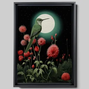 Intricate Pen Illustration of a Hummingbird on a Black Board, Dark Red and Light Emerald Palette, Canvas, Art floral, Print