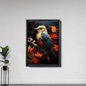 Intricate Pen Illustration of a Hummingbird on a Black Board, Dark Red and Light Emerald Palette, Canvas Prints, Art Decor