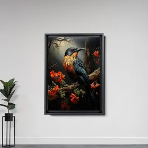 Intricate Pen Illustration of a Hummingbird on a Black Board, Dark Red and Light Emerald Palette, Canvas Prints, Home Decor