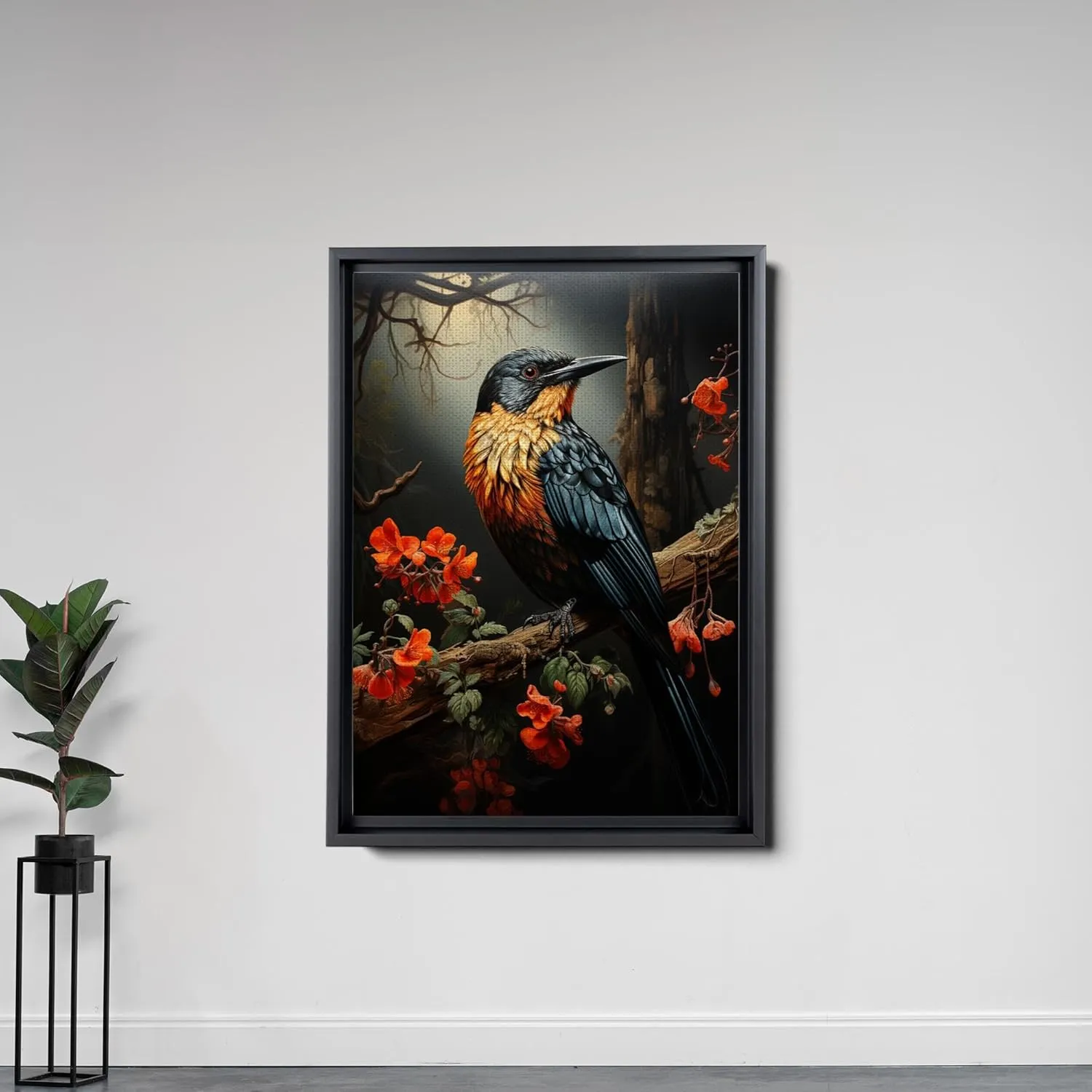 Intricate Pen Illustration of a Hummingbird on a Black Board, Dark Red and Light Emerald Palette, Canvas Prints, Home Decor