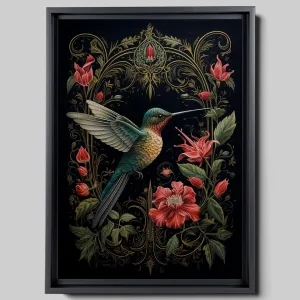 Intricate Pen Illustration of a Hummingbird on a Black Board, Dark Red and Light Emerald Palette, Canvas Prints, Natural Gifts, Decor