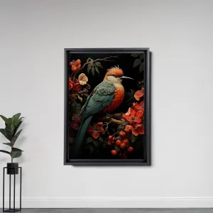 Intricate Pen Illustration of a Hummingbird on a Black Board, Dark Red and Light Emerald Palette, Canvas Prints, Wall Decor