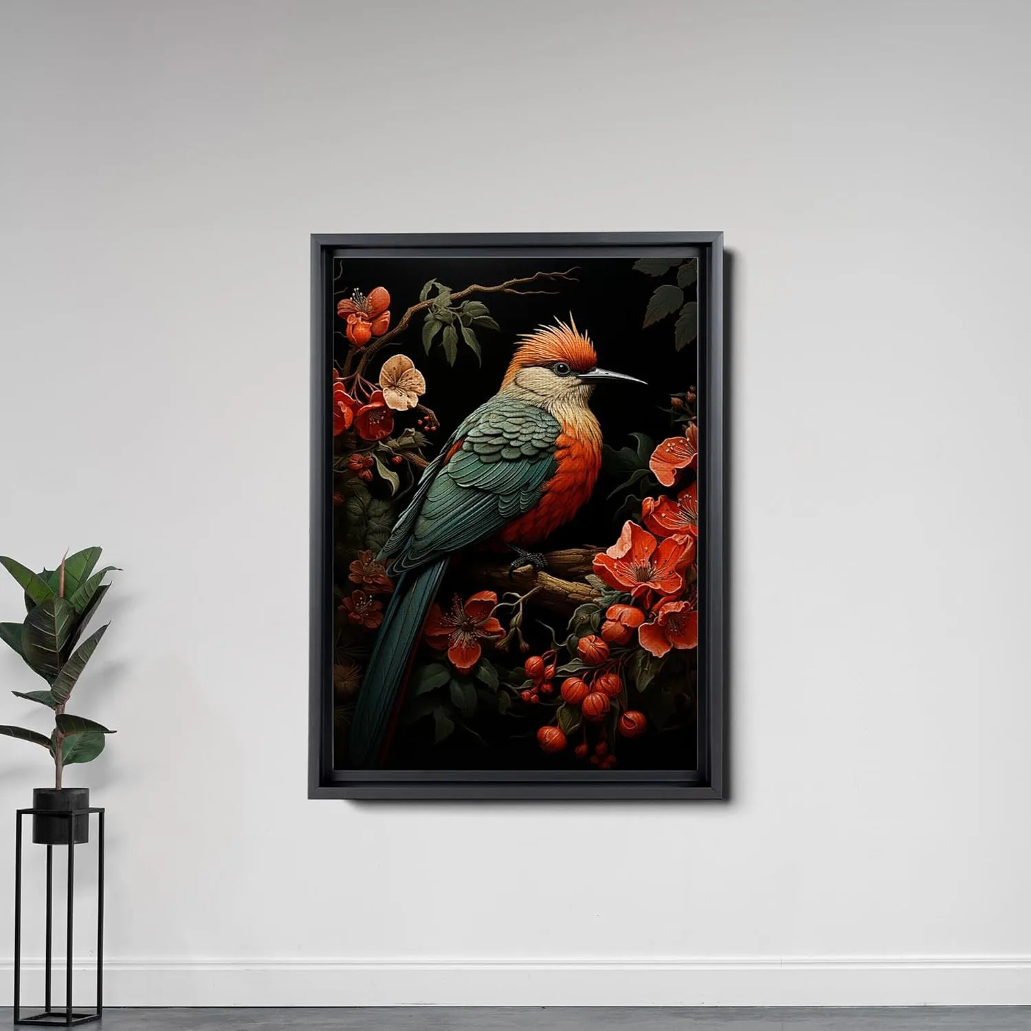 Intricate Pen Illustration of a Hummingbird on a Black Board, Dark Red and Light Emerald Palette, Canvas Prints, Wall Decor