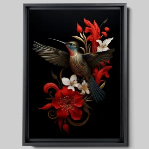 Intricate Pen Illustration of a Hummingbird on a Black Board, Dark Red and Light Emerald Palette, Decor Canvas, Anniversary Gift, Print