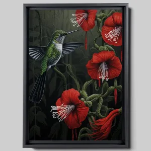 Intricate Pen Illustration of a Hummingbird on a Black Board, Dark Red and Light Emerald Palette, Wall Art, Canvas Wall, Decor