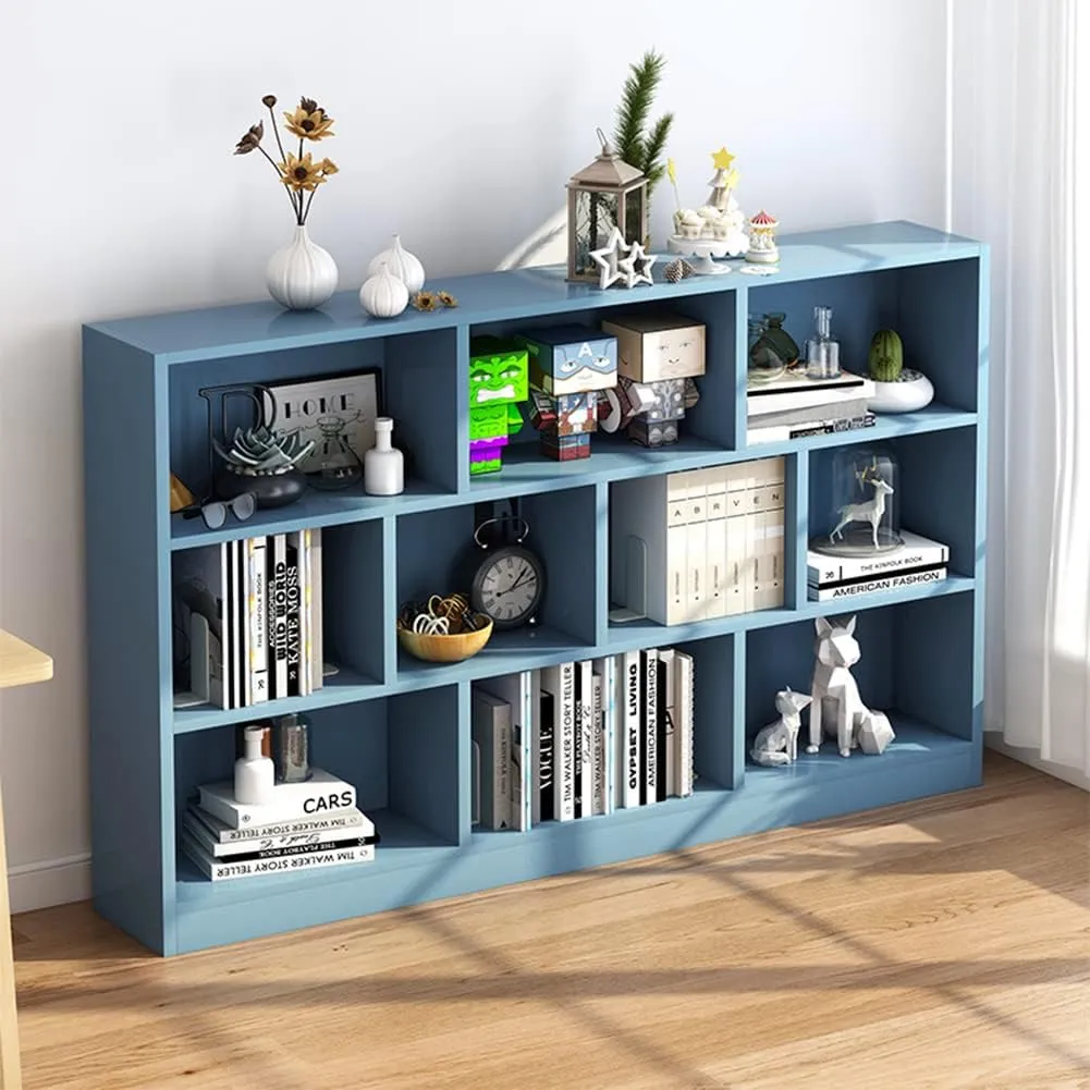 IOTXY Open Shelf Low Bookcase - Wooden 3-Tier Floor Standing Display Cabinet Organizer with Base, 10 Cubes Short Horizontal Bookshelf in Bright Blue