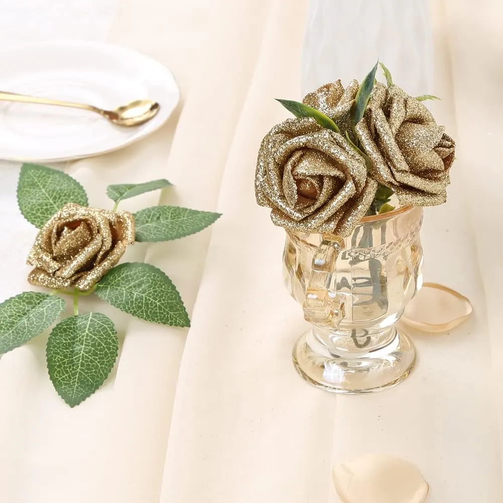 IPOPU Glitter Roses,25PCS Gold Roses Artificial Flowers Fake Rose with Stem for DIY Wedding Bridal Bouquet Home Party Decoration(Gold)