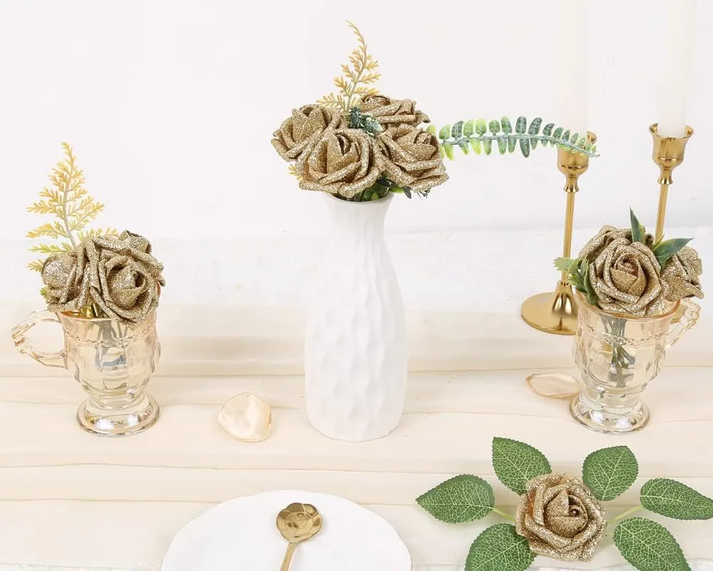 IPOPU Glitter Roses,25PCS Gold Roses Artificial Flowers Fake Rose with Stem for DIY Wedding Bridal Bouquet Home Party Decoration(Gold)
