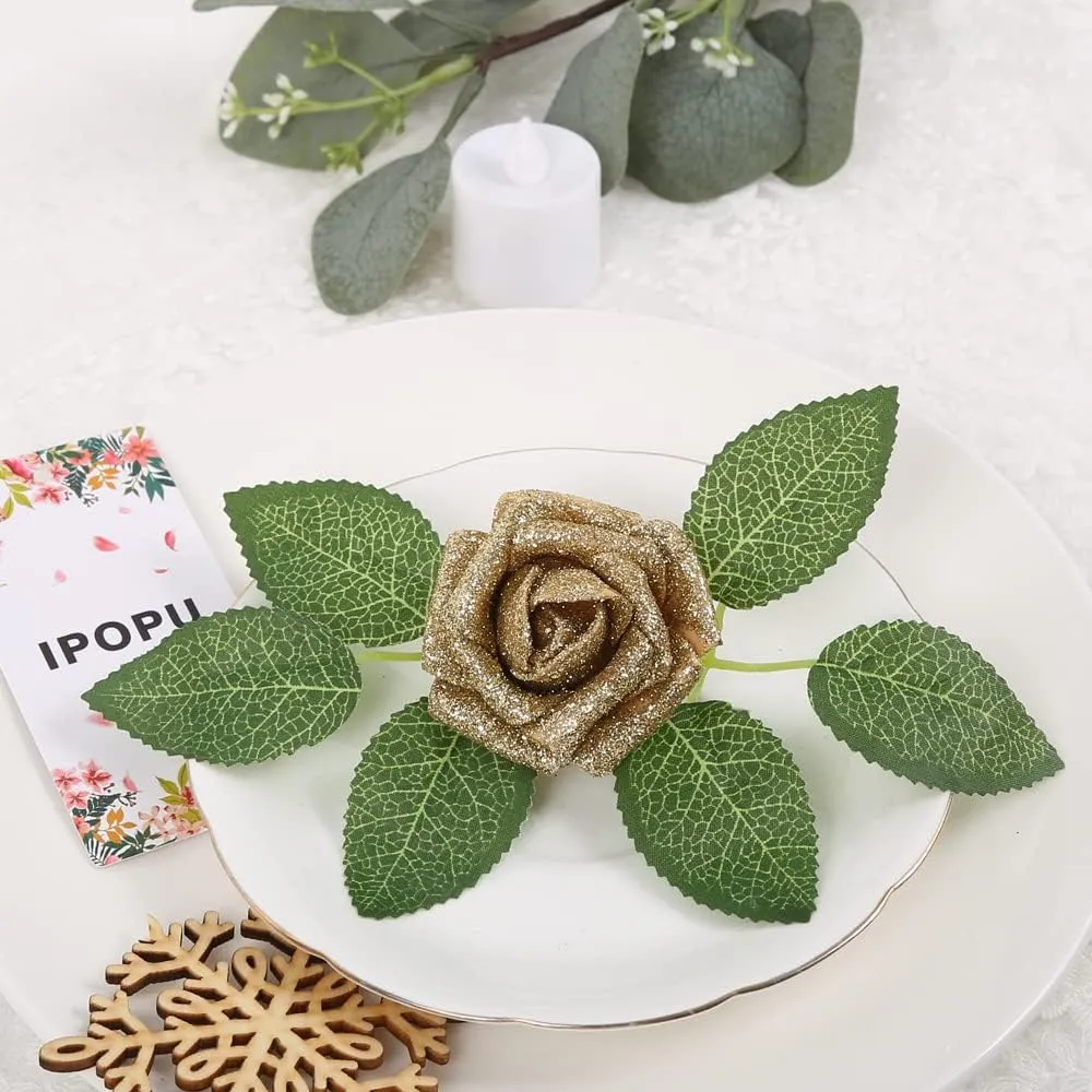 IPOPU Glitter Roses,25PCS Gold Roses Artificial Flowers Fake Rose with Stem for DIY Wedding Bridal Bouquet Home Party Decoration(Gold)