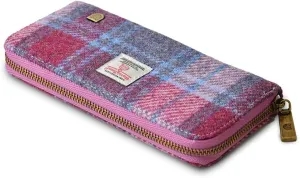 Islander HarrisTweed & PU Leather women’s long zip purse, Pink and Blue Tartan, Carry Cash & card, Scottish Style