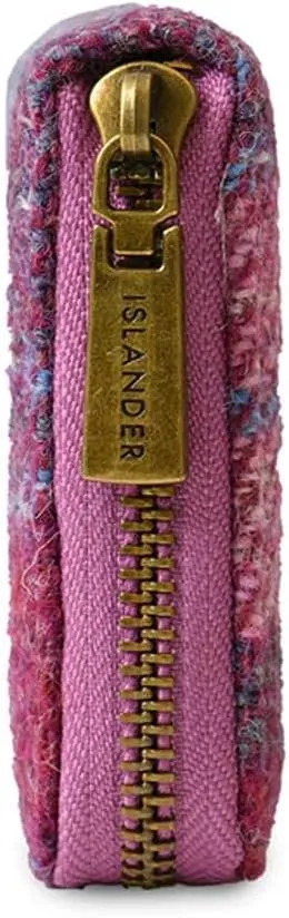 Islander HarrisTweed & PU Leather women’s long zip purse, Pink and Blue Tartan, Carry Cash & card, Scottish Style