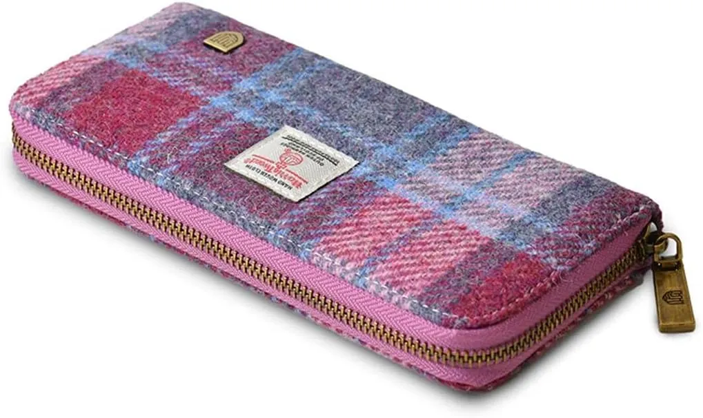 Islander HarrisTweed & PU Leather women’s long zip purse, Pink and Blue Tartan, Carry Cash & card, Scottish Style