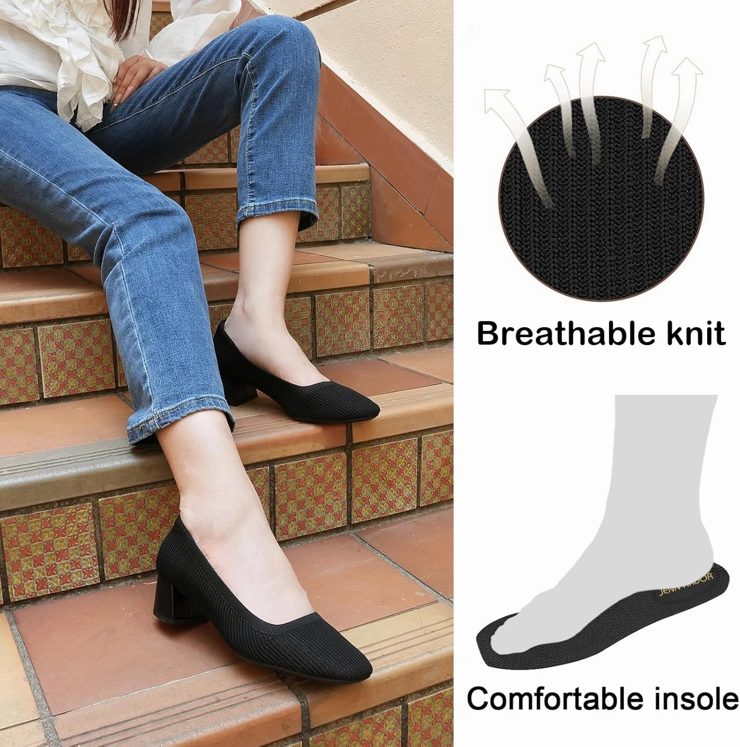 JENN ARDOR Low Chunky Heels Dress Shoes for Women Comfortable Knit Block Heeled Pumps Square Closed Toe Dressy Casual Wedding Party Prom Office Work Slip on Shoes