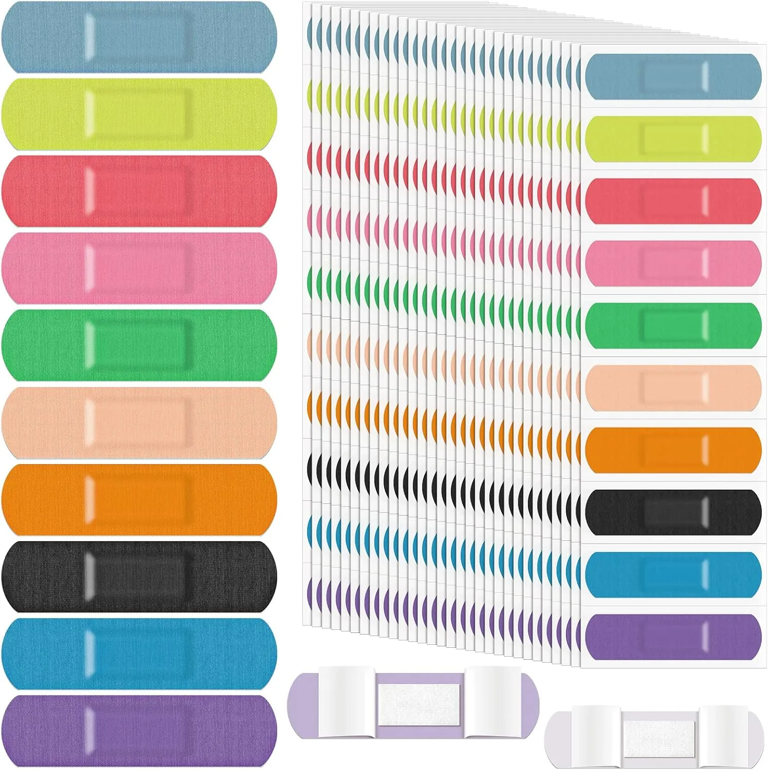 Jetec Flexible Fabric Adhesive Bandages Bulk Colorful Cloth Bandages 10 Colors Flexible Protection & Wound Care Fingertip Slight Cuts and Scrapes for Aids, 0.7'' x 2.8''(200 Pieces)