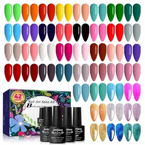 JEWHITENY 45PCS Gel Nail Polish Kit, 42 Colors 5ML Gel Polish Nude Gray Pink Blue Soak Off Glitter Nail Art Starter Kit Beauty Gifts Set for Women Girls Valentines Mother's Day Gift