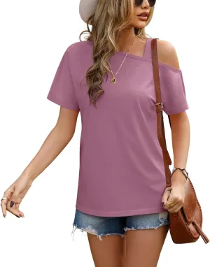 JINKESI Women's Short Sleeve Tunic Tops Casual Summer Cold Shoulder Blouse Shirts