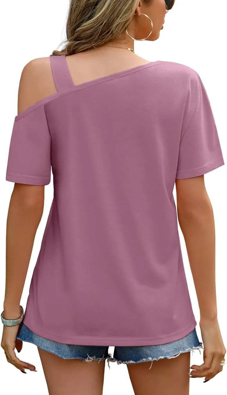 JINKESI Women's Short Sleeve Tunic Tops Casual Summer Cold Shoulder Blouse Shirts