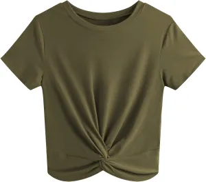 JINKESI Women's Summer Causal Short Sleeve Blouse Round Neck Crop Tops Twist Front Tee T-Shirt