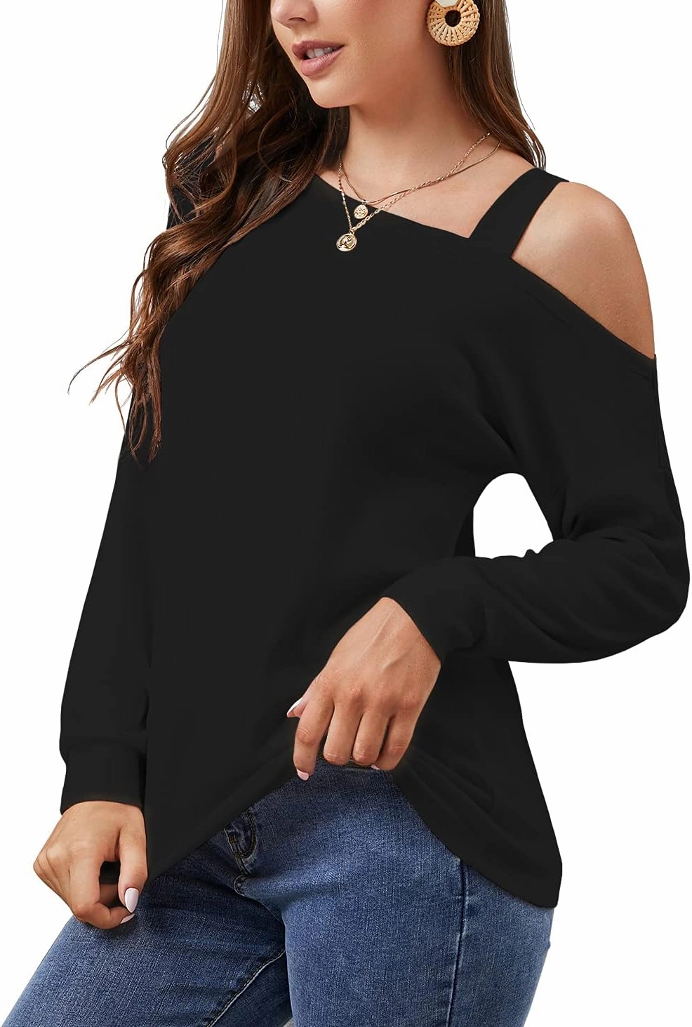 JINKESI Women's Long Sleeve Tunic Tops Casual Cold Shoulder Blouse Shirts