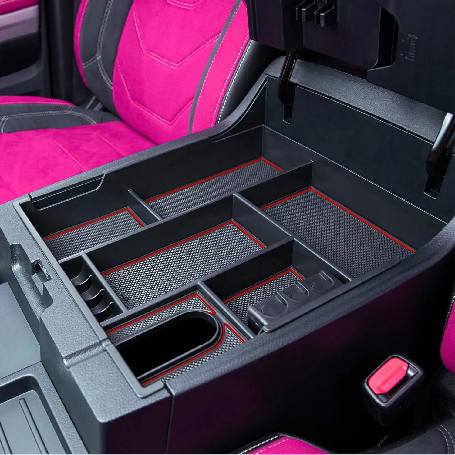 JKCOVER Compatible with Center Console Organizer Tray Toyota Tundra 2014 2015 2016 2017 2018 2019 2020 2021 Tundra Accessories,Insert ABS Black Materials Armrest Box Secondary Storage (RED Trim)