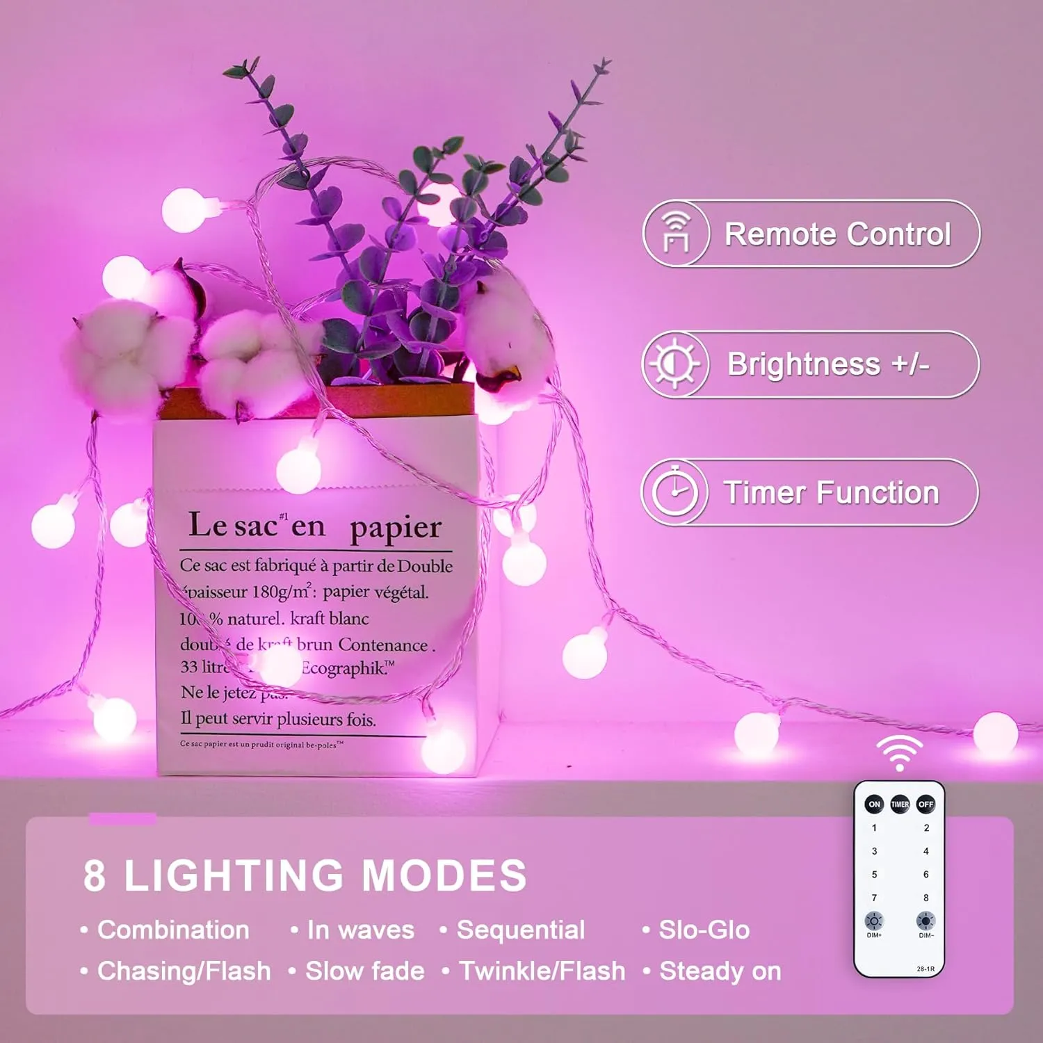 JMEXSUSS 100 LED Pink String Lights for Bedroom, Connectable Globe String Lights Indoor Plug in, 8 Modes 33ft Pink Christmas Fairy Light Withe Remote for Girl's Room, Valentines, Party Decoration