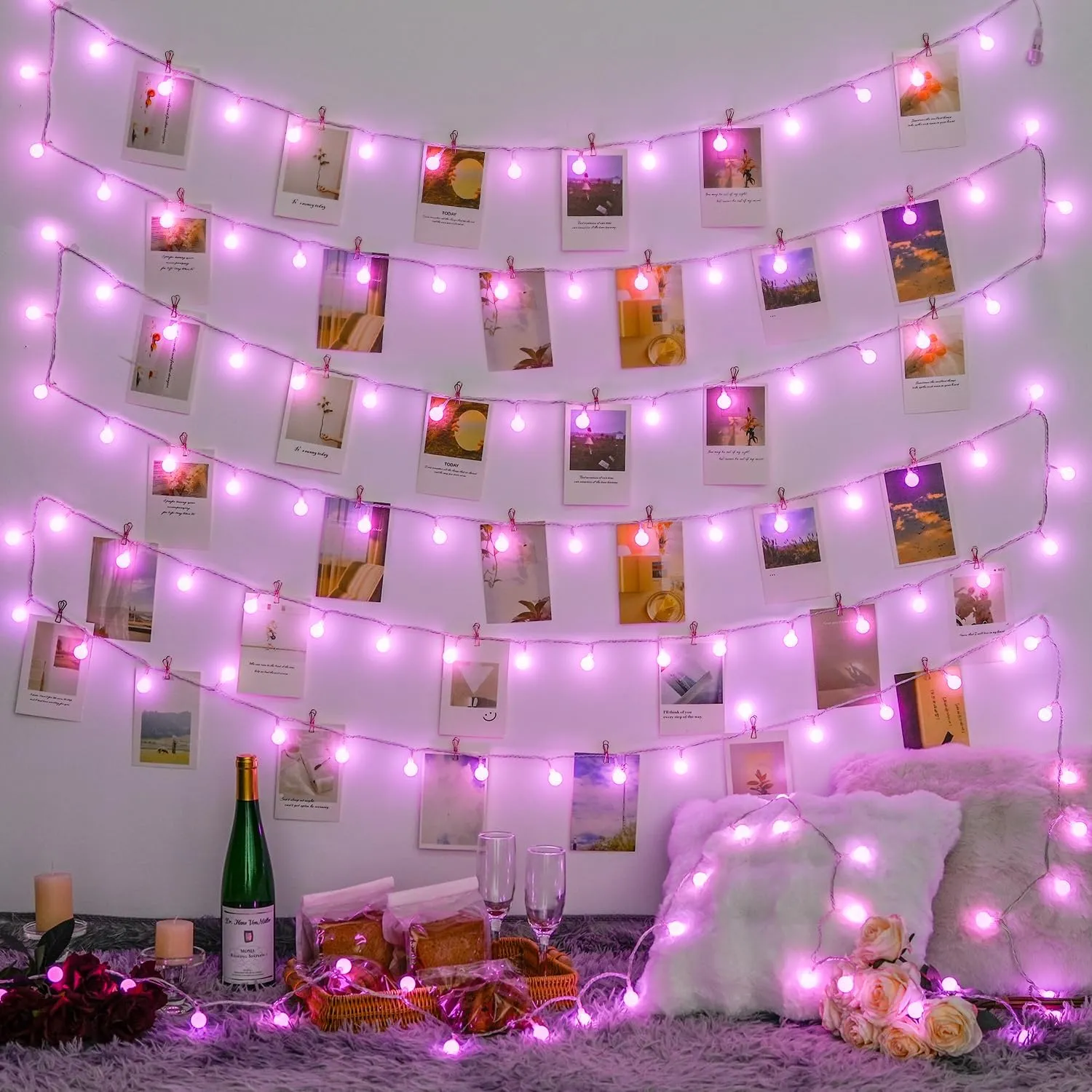 JMEXSUSS 100 LED Pink String Lights for Bedroom, Connectable Globe String Lights Indoor Plug in, 8 Modes 33ft Pink Christmas Fairy Light Withe Remote for Girl's Room, Valentines, Party Decoration